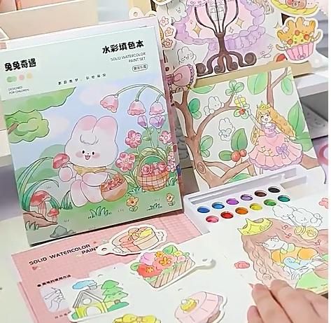 Cartoon Art Coloring & Painting Set for Kids (Watercolor Paper Book)